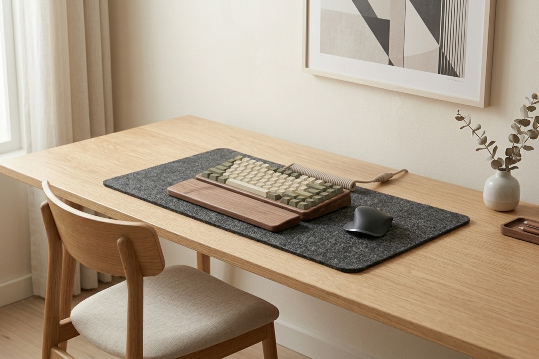 Wooden desk with a chair, keyboard, and decorative items in a bright room.