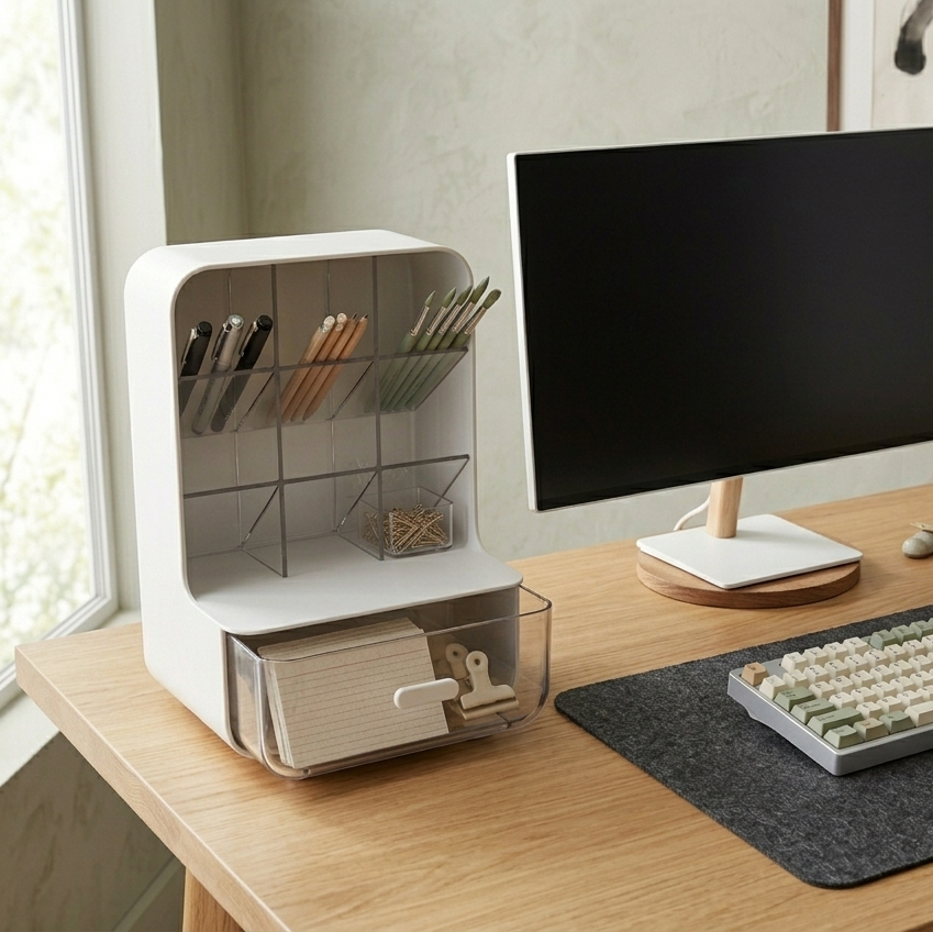 Modern office desk setup with computer monitor, keyboard, and stationery organizer.