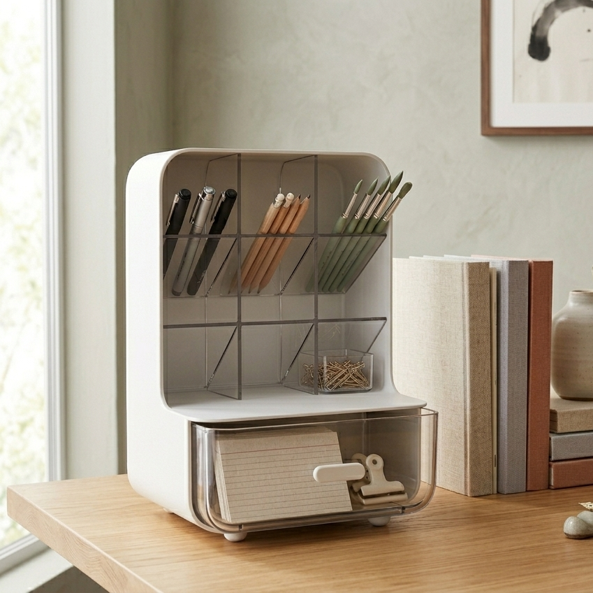 Desk organizer with stationery items on a wooden desk