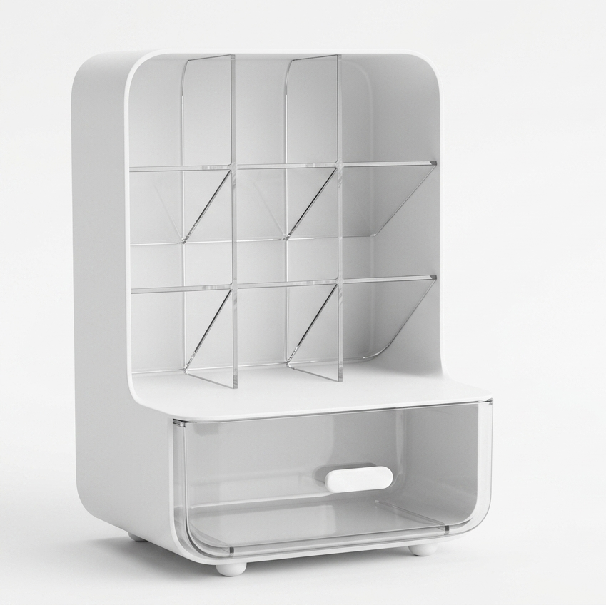 White geometric shelf with triangular design on a white background