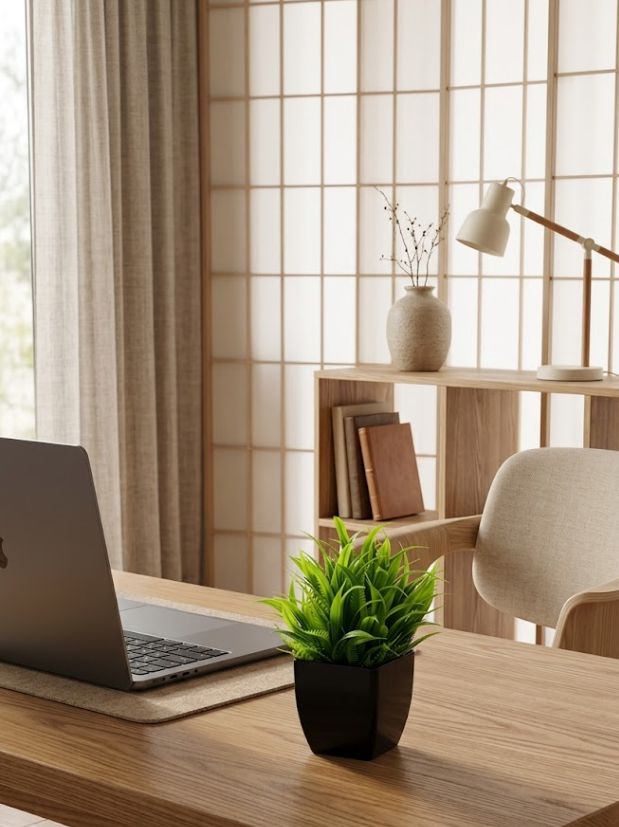Home office setup with a laptop, plant, and books on a wooden desk.