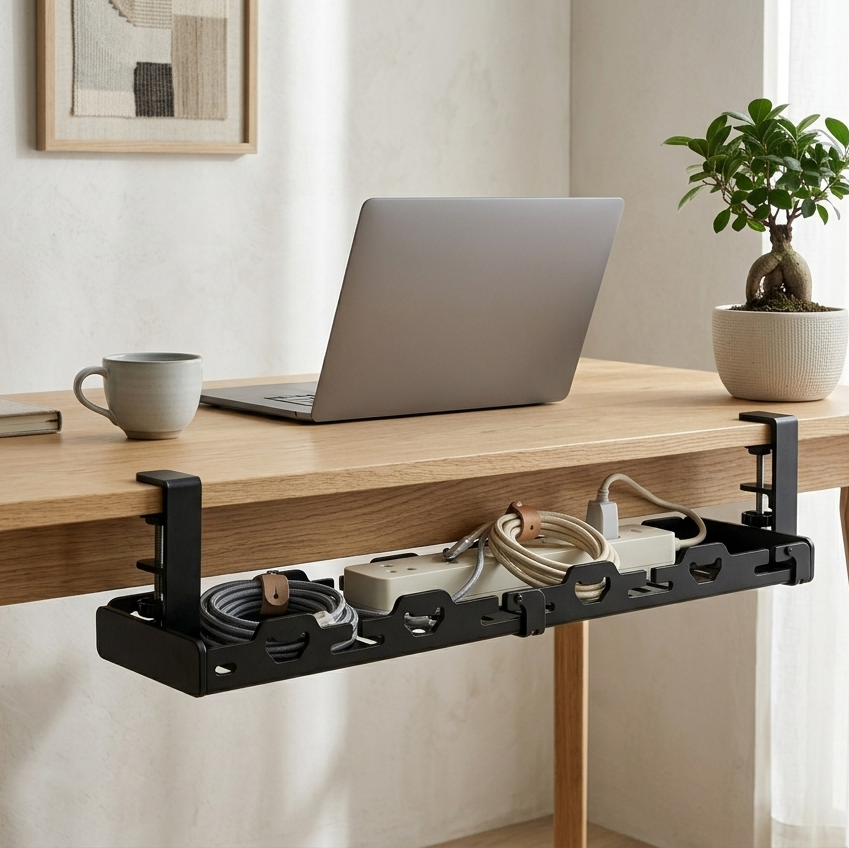 Wooden desk with laptop, mug, and books, featuring a power strip with cables underneath.