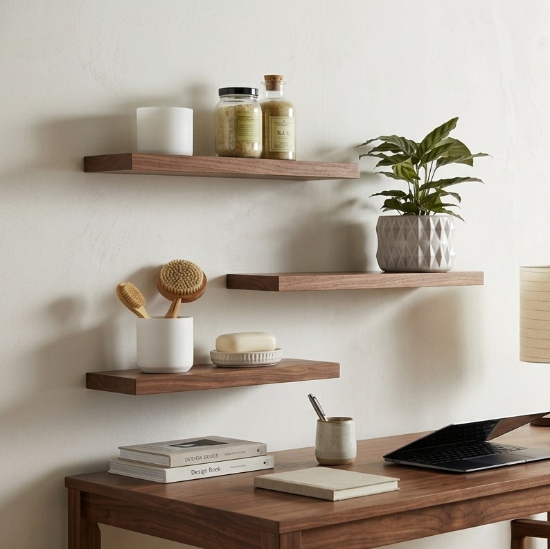 Home office with wooden desk, shelves, and decor