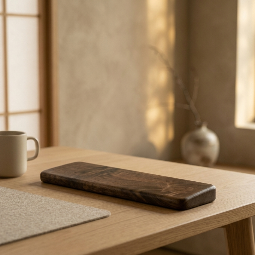 Wooden table with a mug and cutting board in a softly lit room.