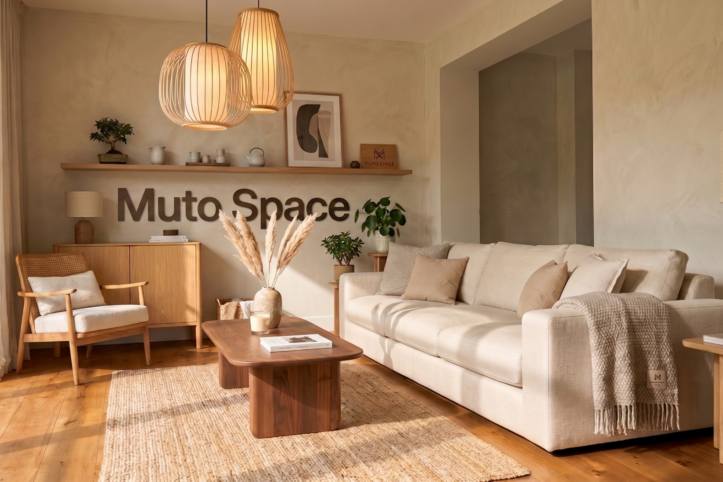 Living room with a white sofa, wooden coffee table, and 'Muto Space' branding.