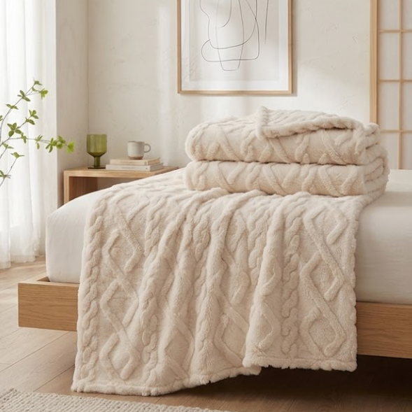 Beige textured blanket draped over a bed in a bedroom setting with a plant and decor.