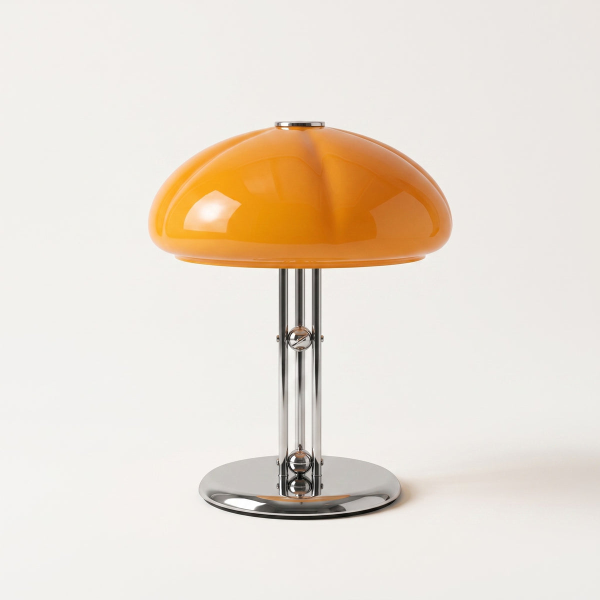 Table Lamp, Amber Glass Dome Shade, Chrome Tripod Legs, Mirror-Finish Chrome Base, 12W Warm White LED, Button Control, 11.8in Tall