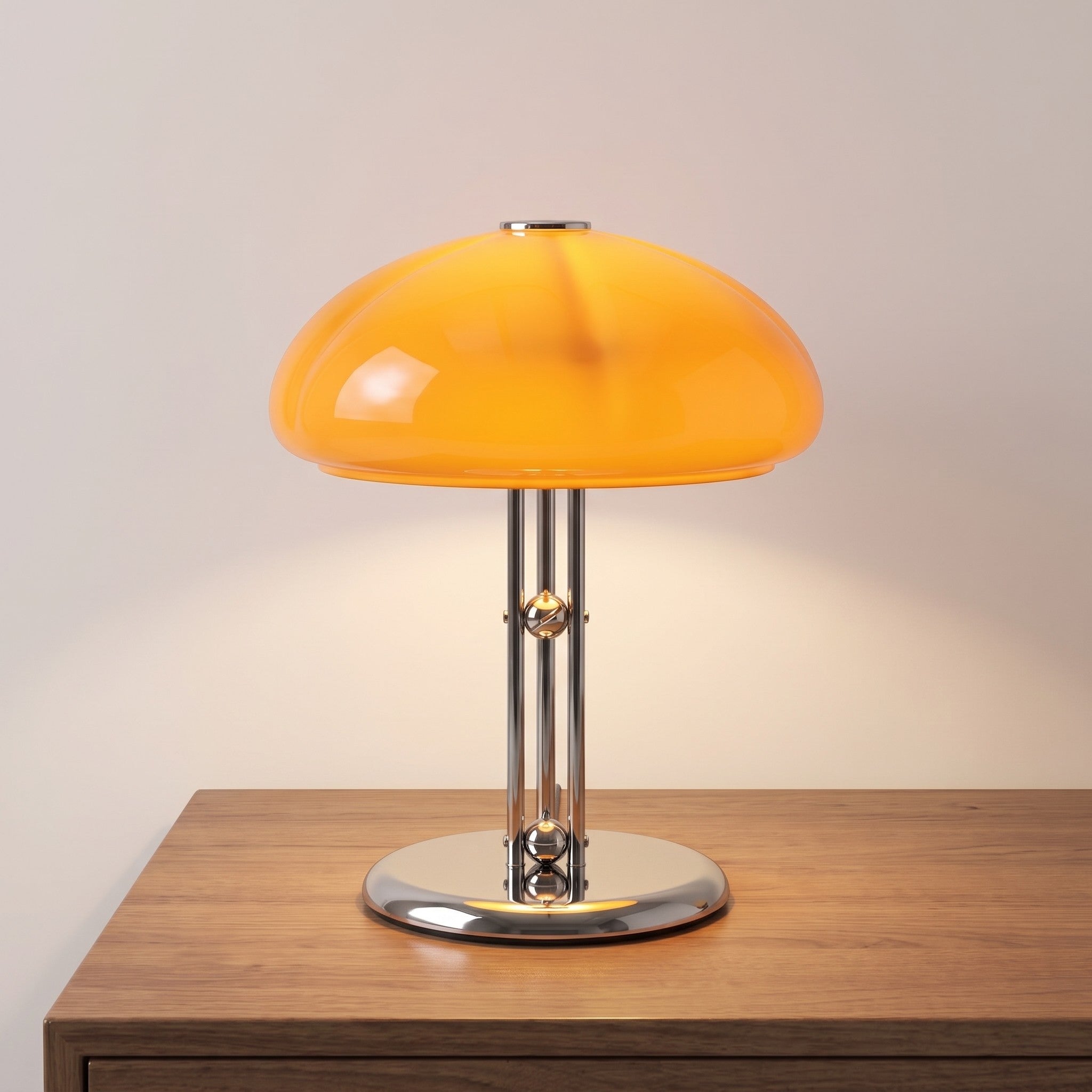 Chrome tripod glass dome lamp lit on a desk