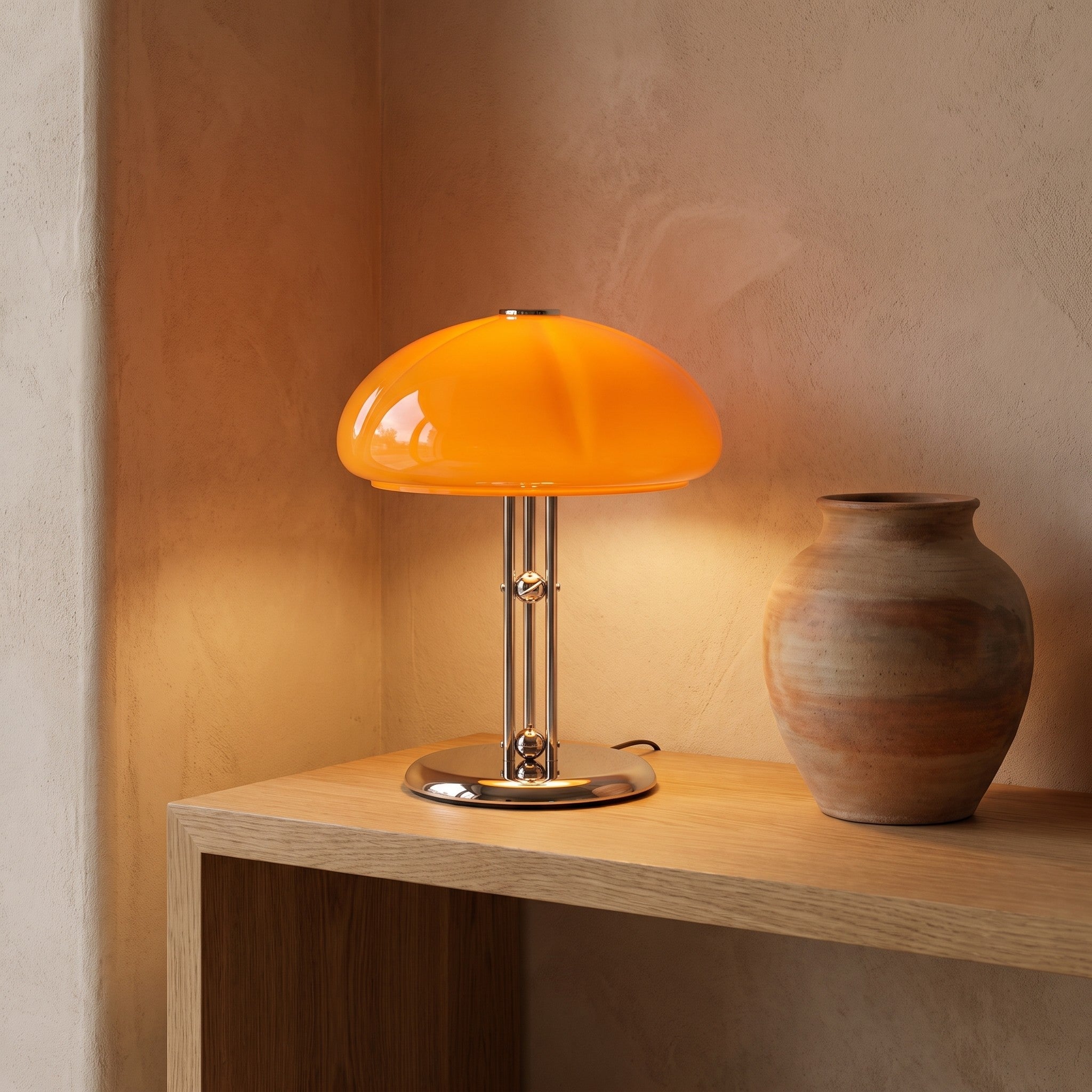 Chrome tripod glass dome lamp styled on a console table scene