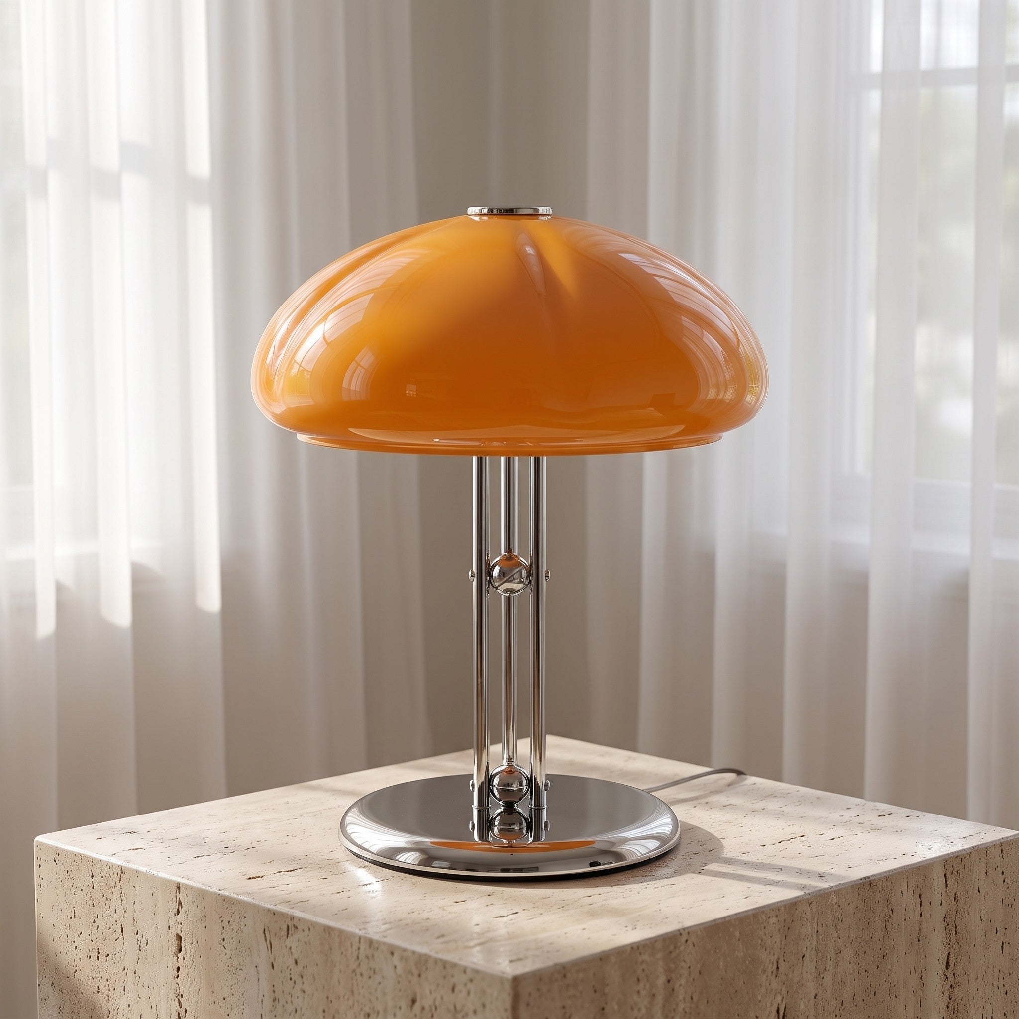 Chrome tripod glass dome lamp styled on a side table scene