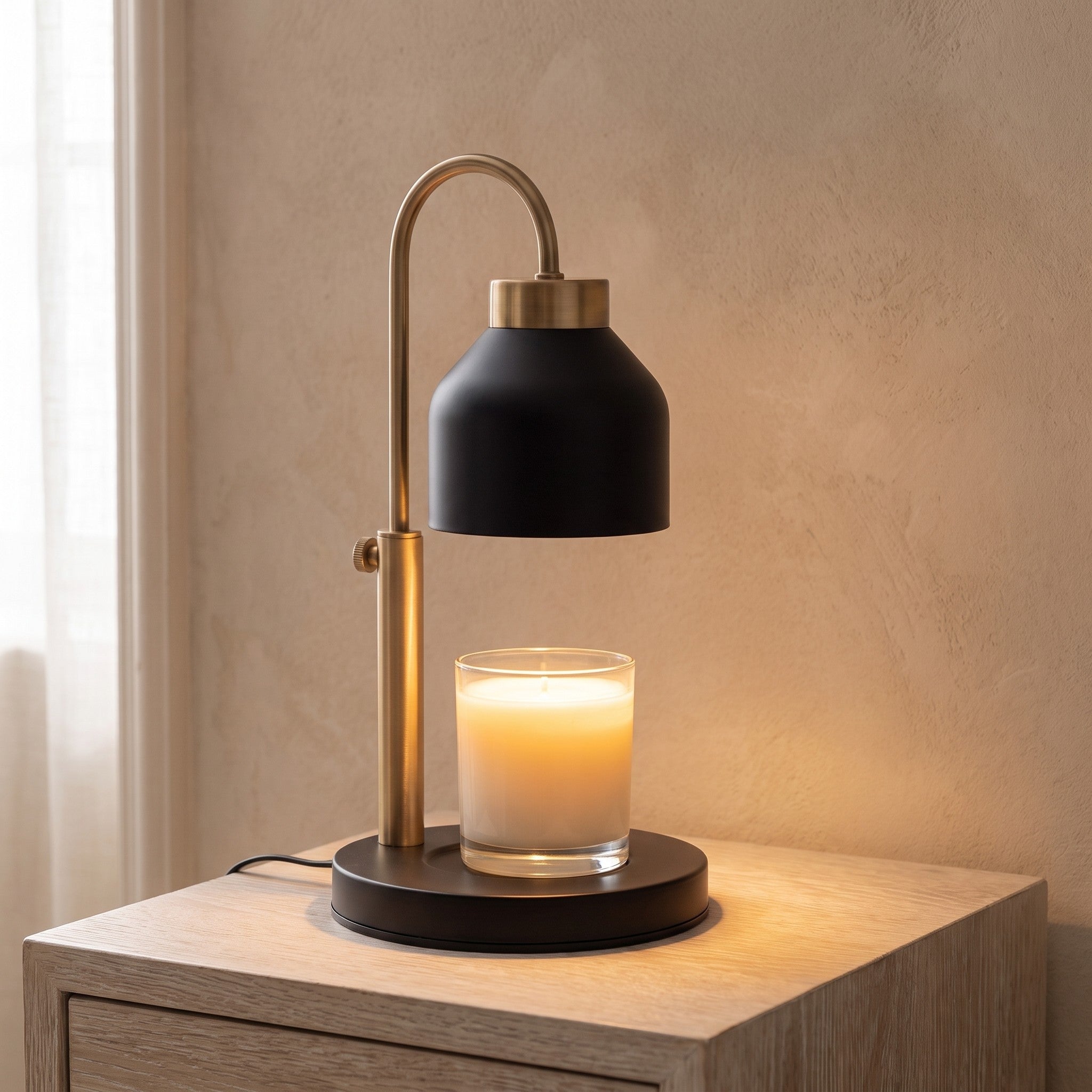 Dual-bulb candle warmer lamp in black over a jar candle, candle not included