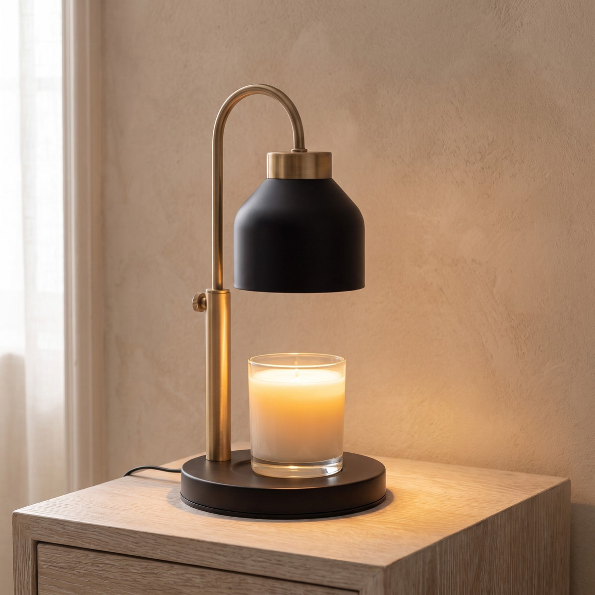 Dual-bulb candle warmer lamp in black over a jar candle, candle not included