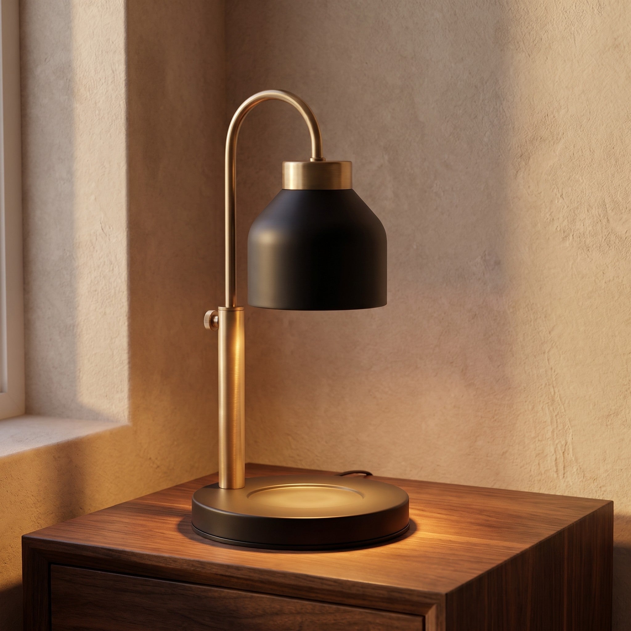Dual-bulb candle warmer lamp in black switched on atop a walnut nightstand in evening light