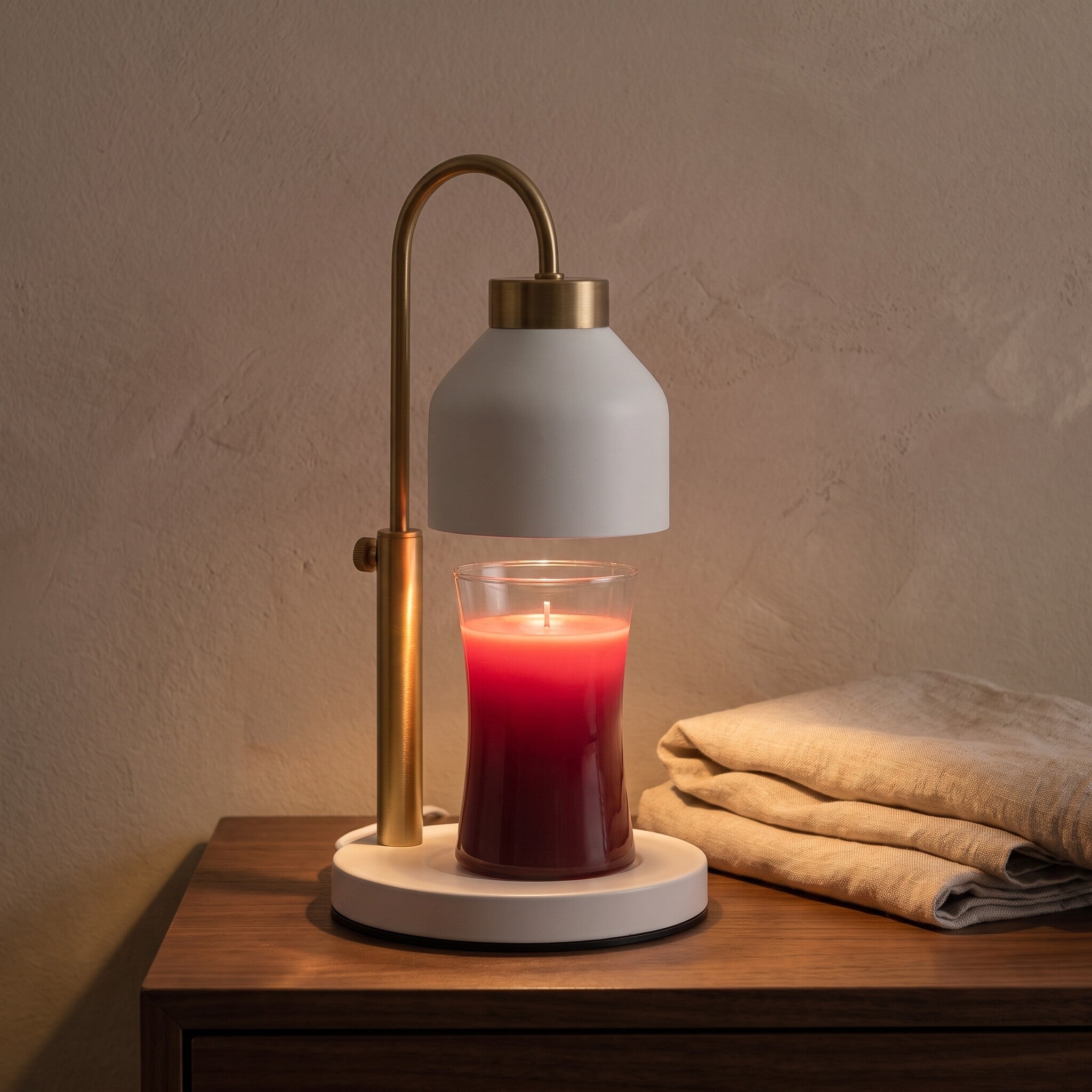 Dual-bulb candle warmer lamp in white switched on atop a walnut nightstand in evening light