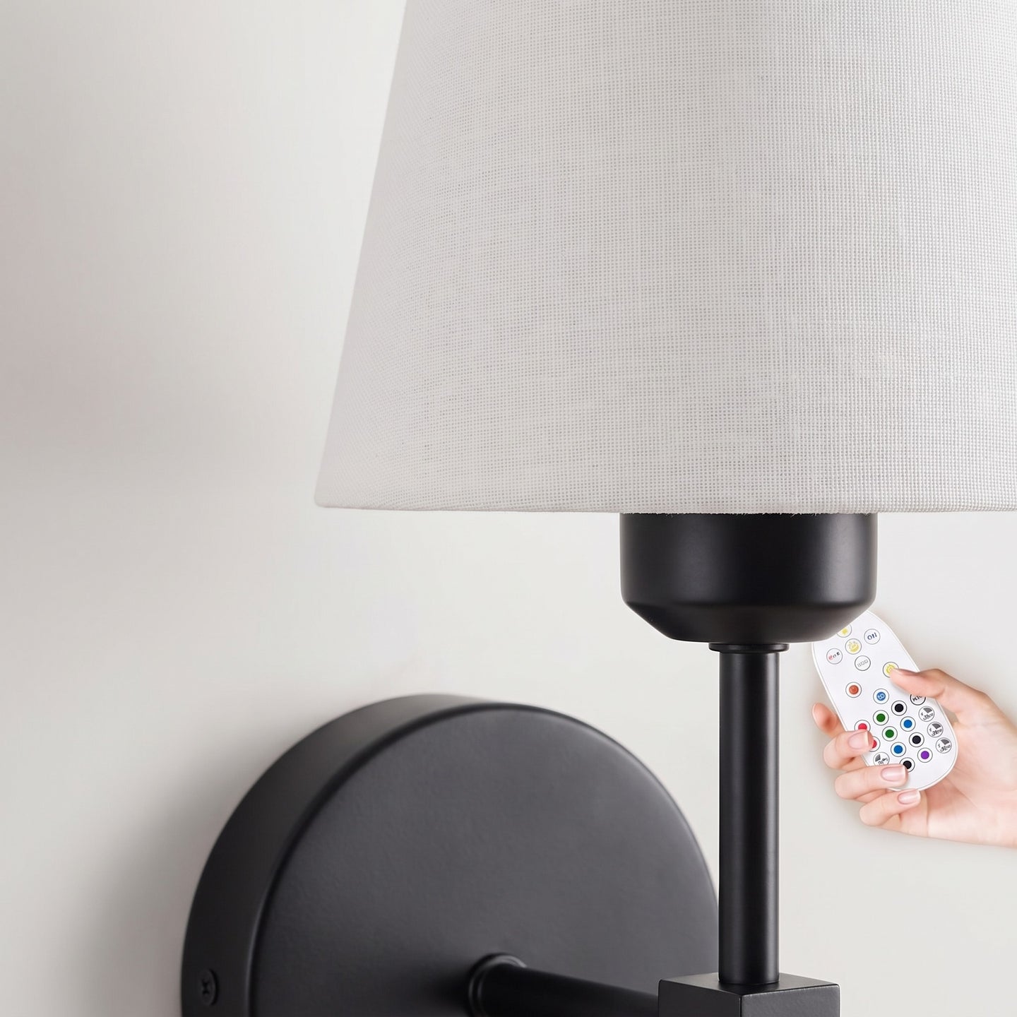 Close-up of cordless fabric shade wall sconce texture in black