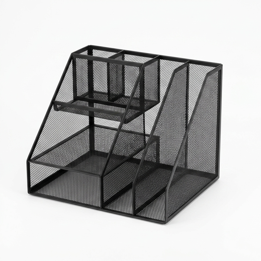 Black mesh desk organizer on a white background