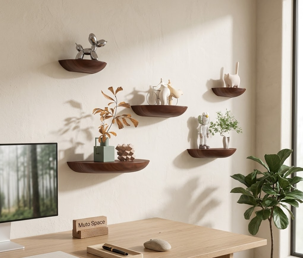 Wall-mounted shelves with decorative items in a home office setting