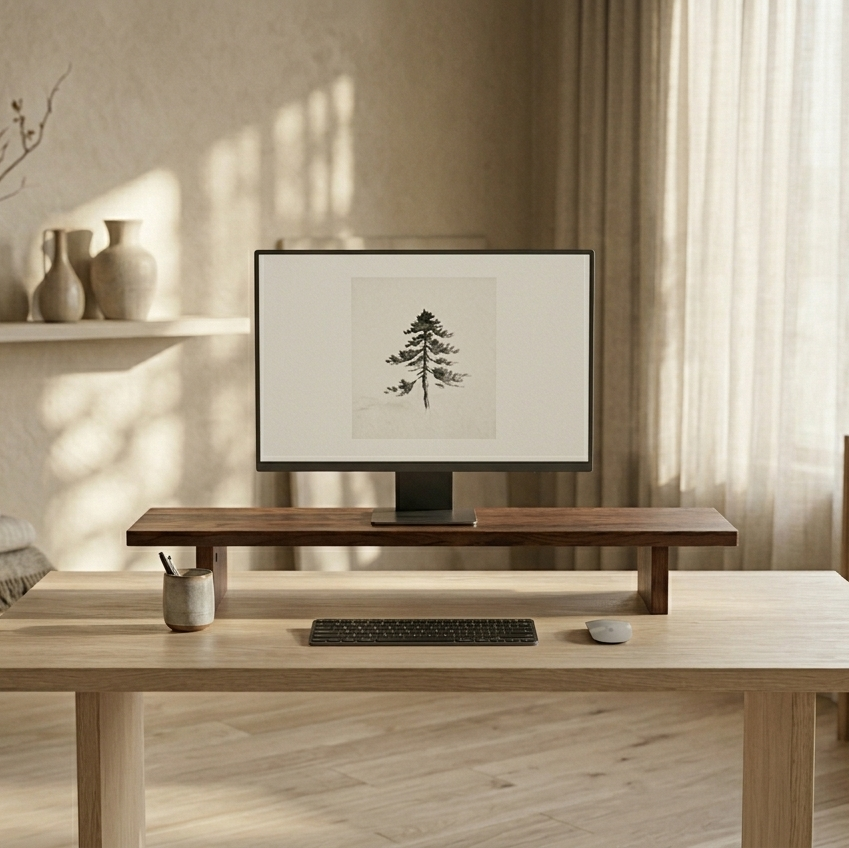 Modern office setup with a computer monitor on a wooden desk in a bright room.