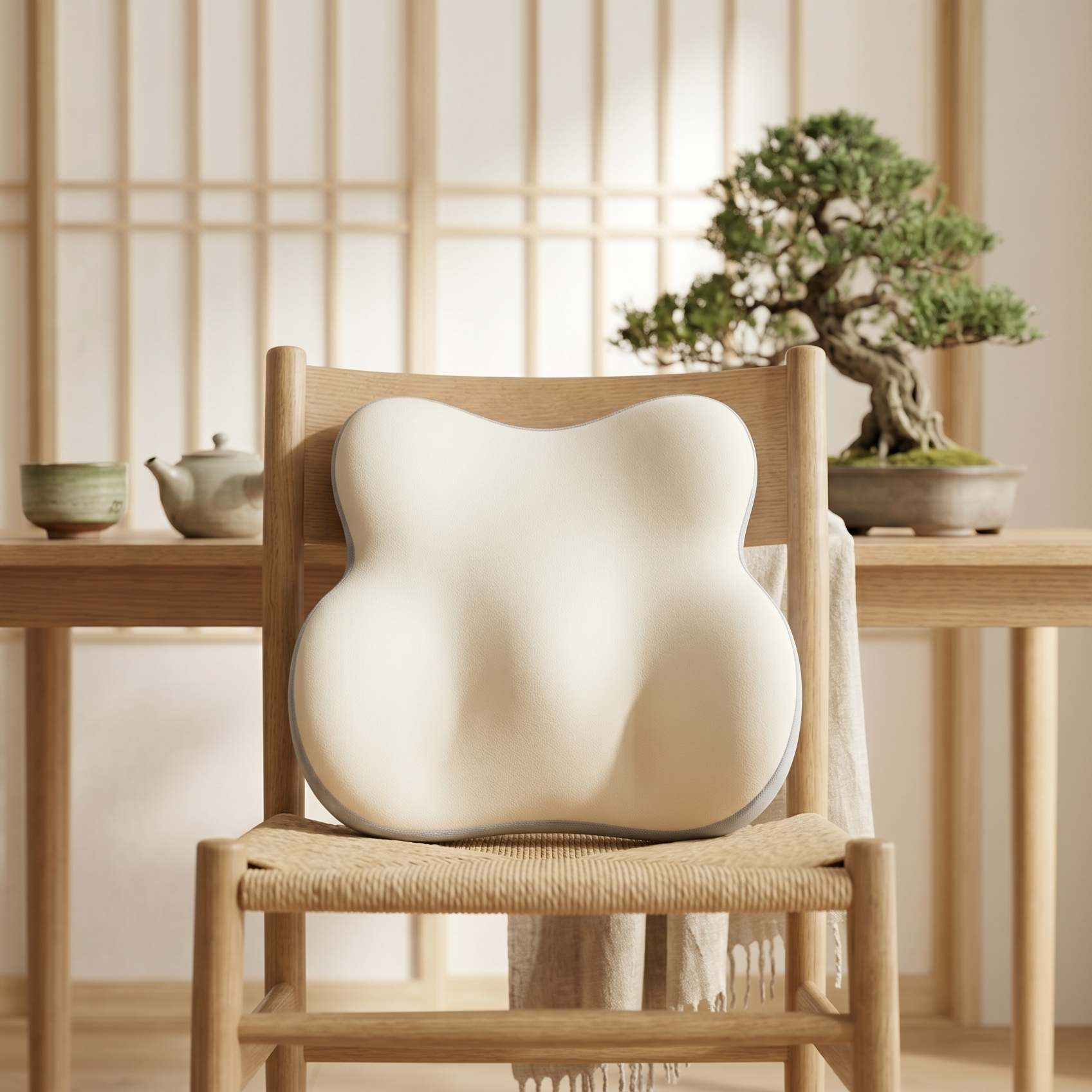 White abstract sculpture on a wooden chair in a minimalistic room with a bonsai tree and bowls.