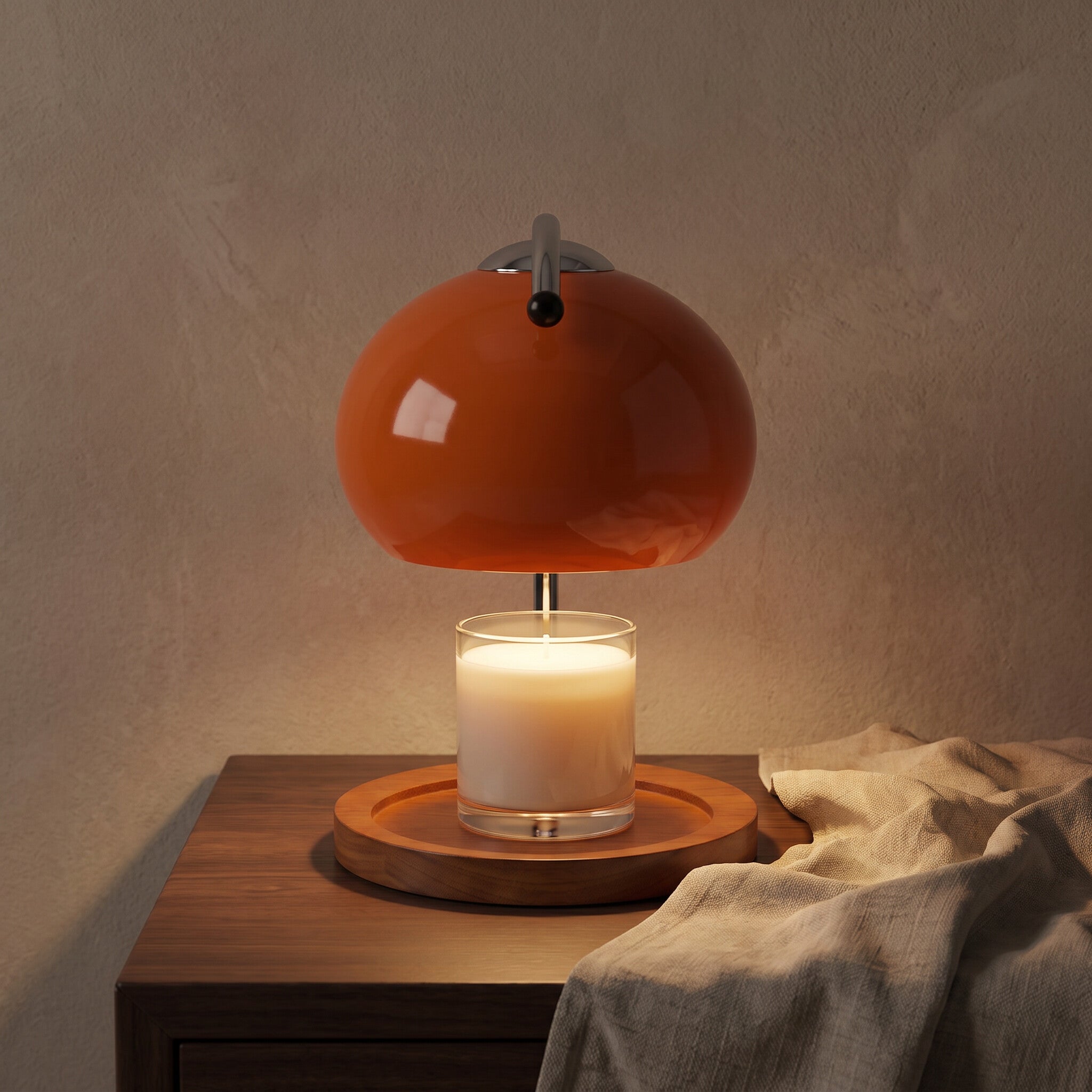 Glass candle warmer lamp lit over a jar candle on a walnut side table in evening light, candle not included