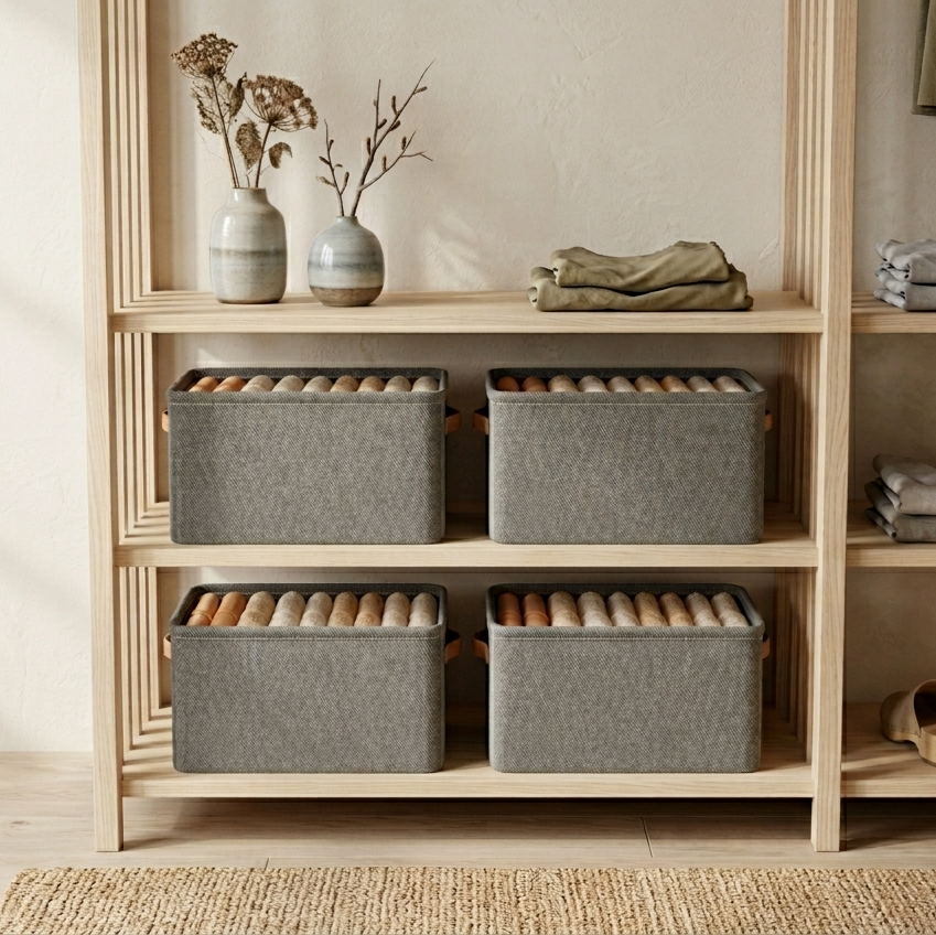 Wooden shelf with storage bins and folded clothes against a neutral wall.