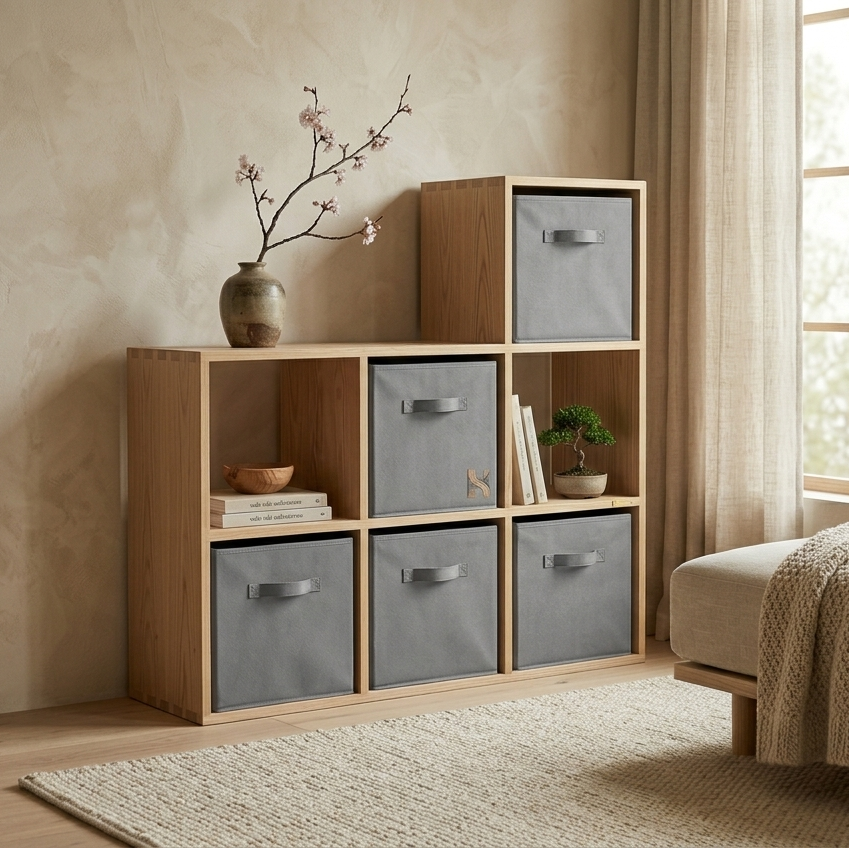 Wooden shelf with gray storage bins in a room with a bed and window.