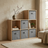 Wooden shelf with gray storage bins in a room with a bed and window.