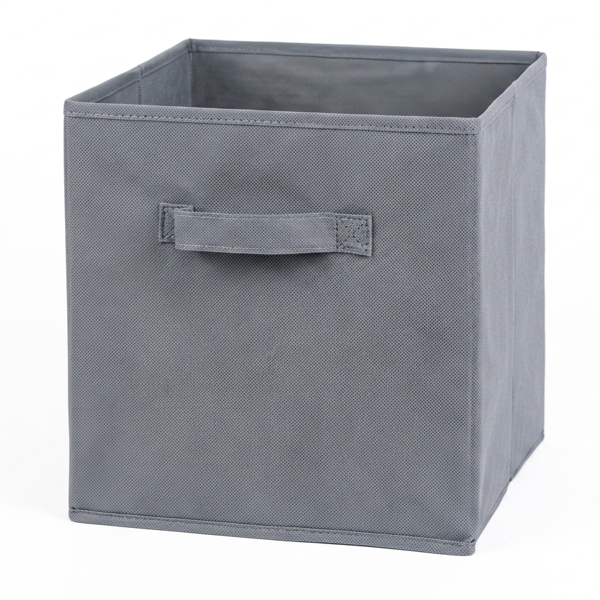 Gray cube-shaped storage bin with a handle on a white background