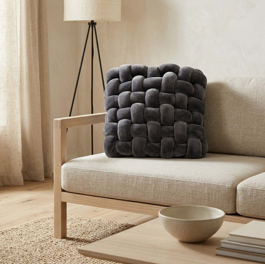 Grey chunky knit pillow on a sofa