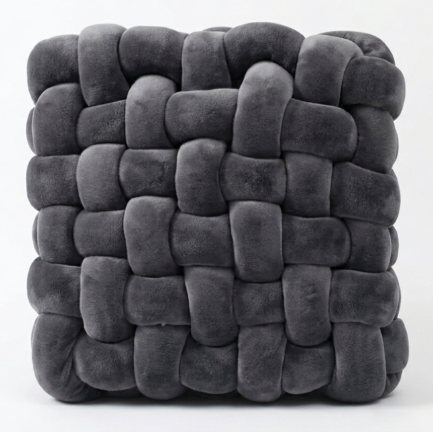 Chunky knit accent pillow in grey, white background