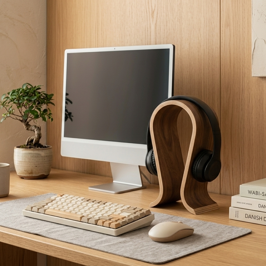Modern office desk setup with computer monitor, keyboard, mouse, and headphones on a wooden surface.