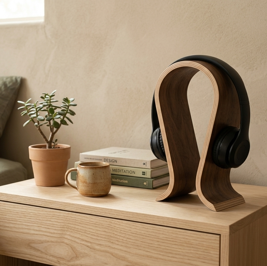 Wooden headphone stand with black headphones on a wooden side table next to a sofa and books.