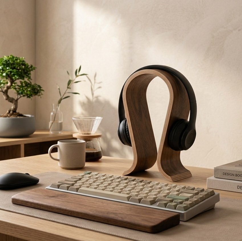 Modern desk setup with keyboard, mouse, and headphones on a wooden desk.