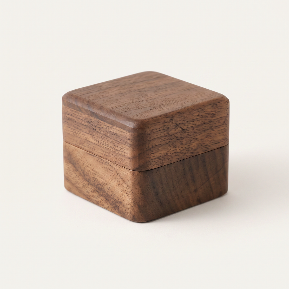 Wood Ring Box, Beige Interior, closed, studio product photo on off-white background