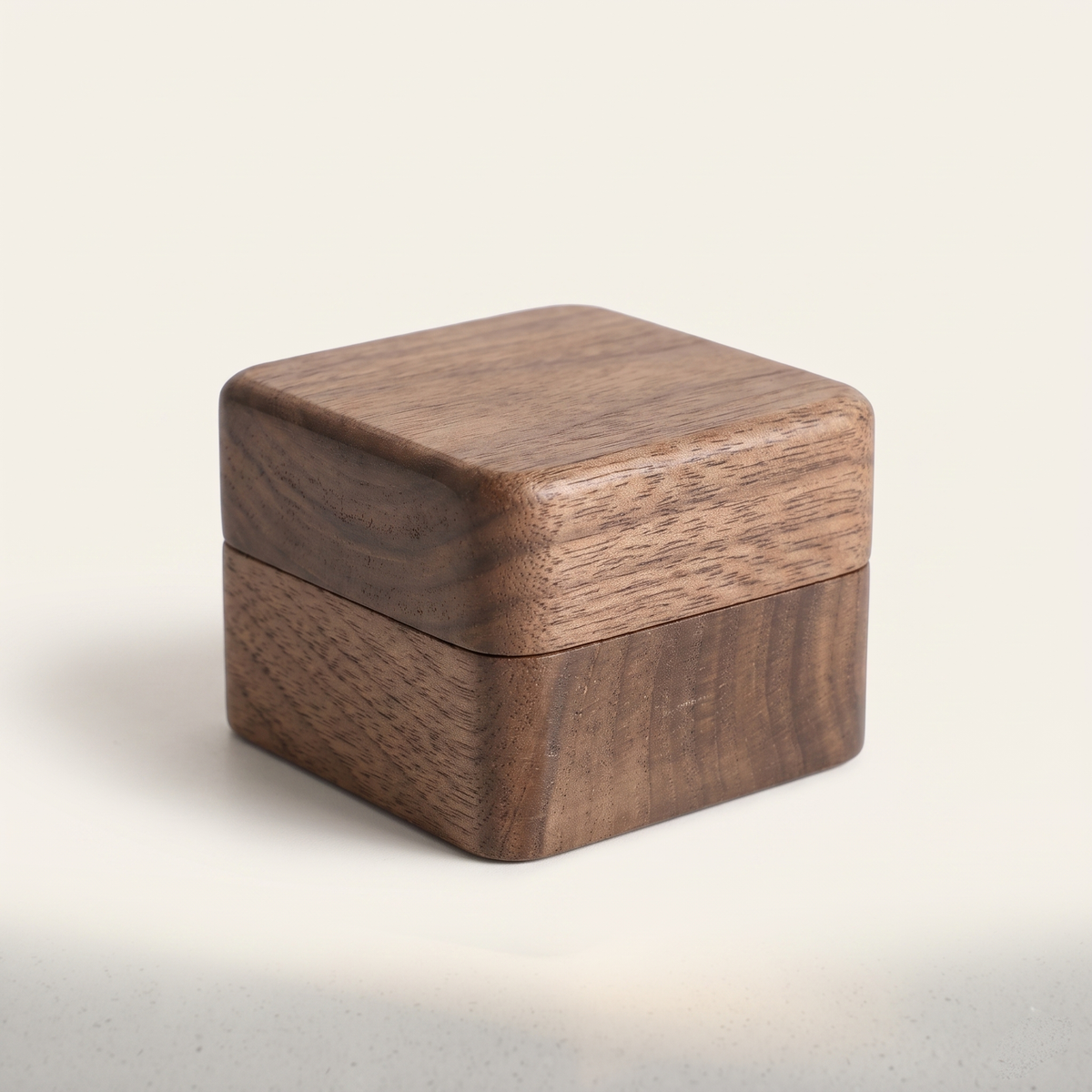 Wood Ring Box, Black Interior, closed, studio product photo on off-white background