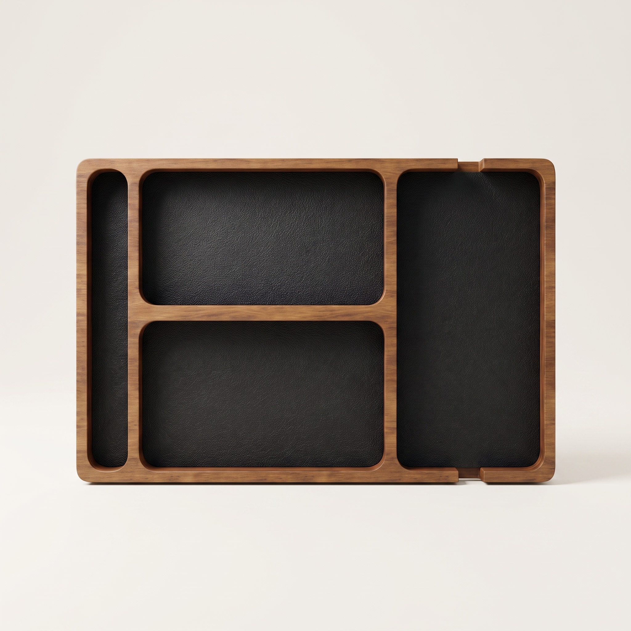 Sectioned Wood Desk Tray, studio product photo on off-white background