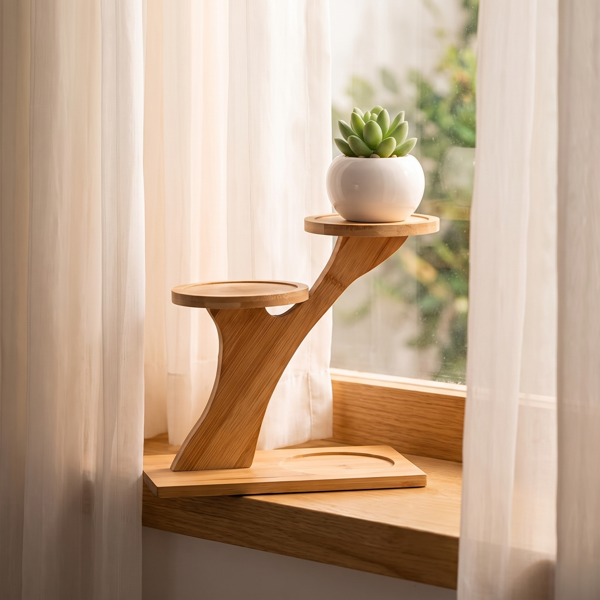 2-Tier Bamboo Display Shelf on a sunlit windowsill with a small potted succulent