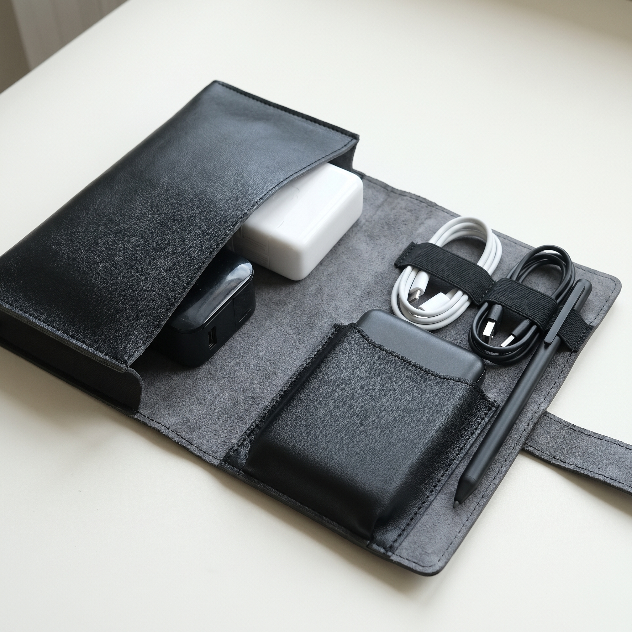 Close-up of the PU Leather Tech Organizer Case in black, opened flat showing the charger compartment, cable loops, and pen loop