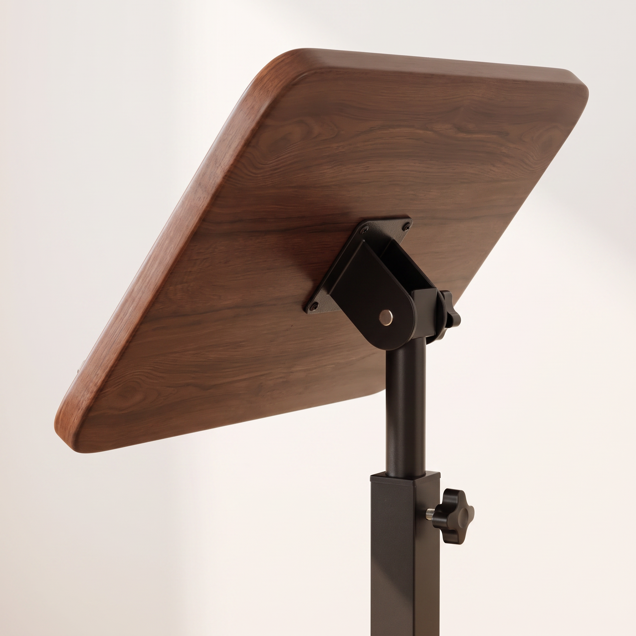 Close-up of the Height-Adjustable C-Shaped Side Table showing the tilted tabletop and the steel pole locking clamp