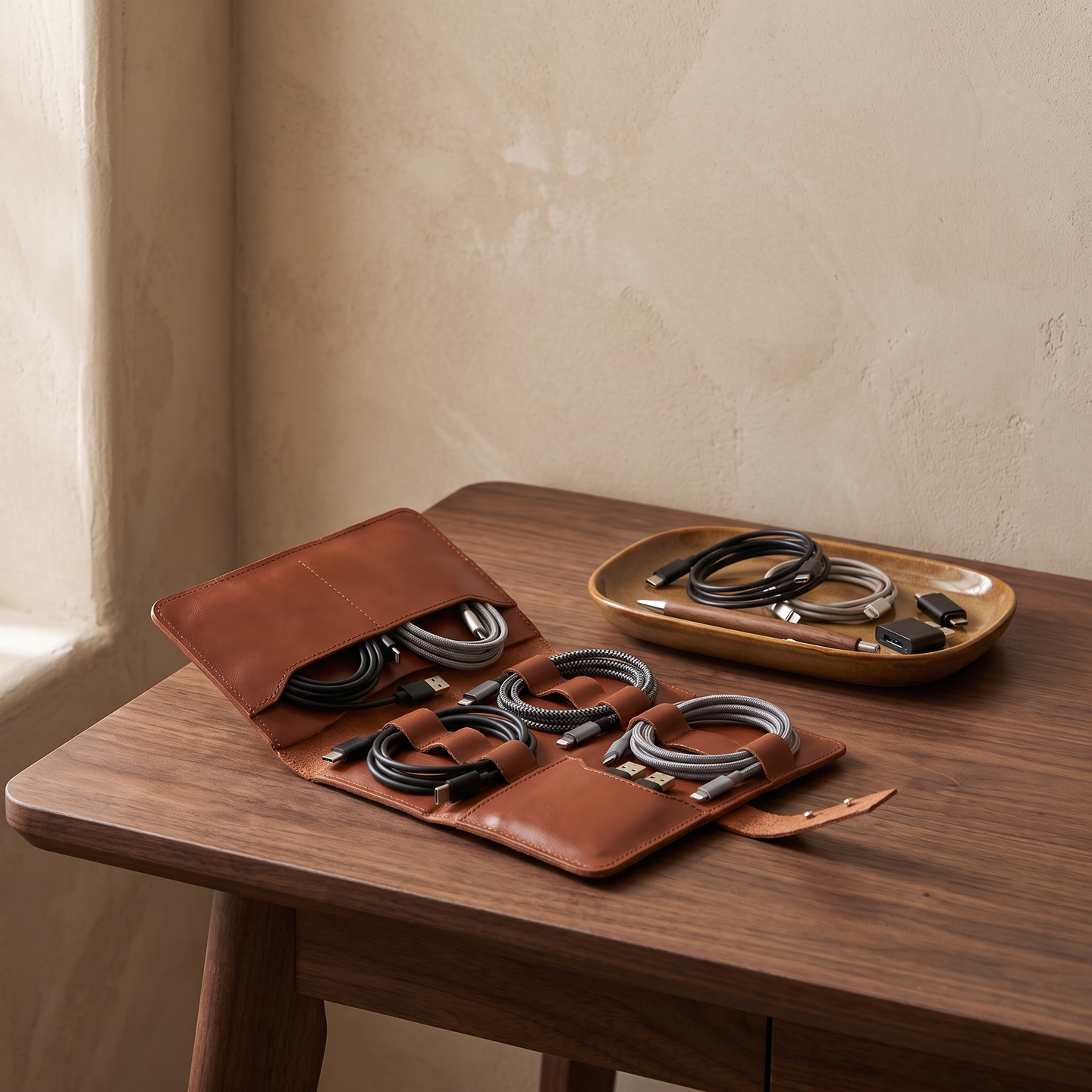 PU Leather Tech Organizer Case open on a walnut desk with cables tucked into its loops