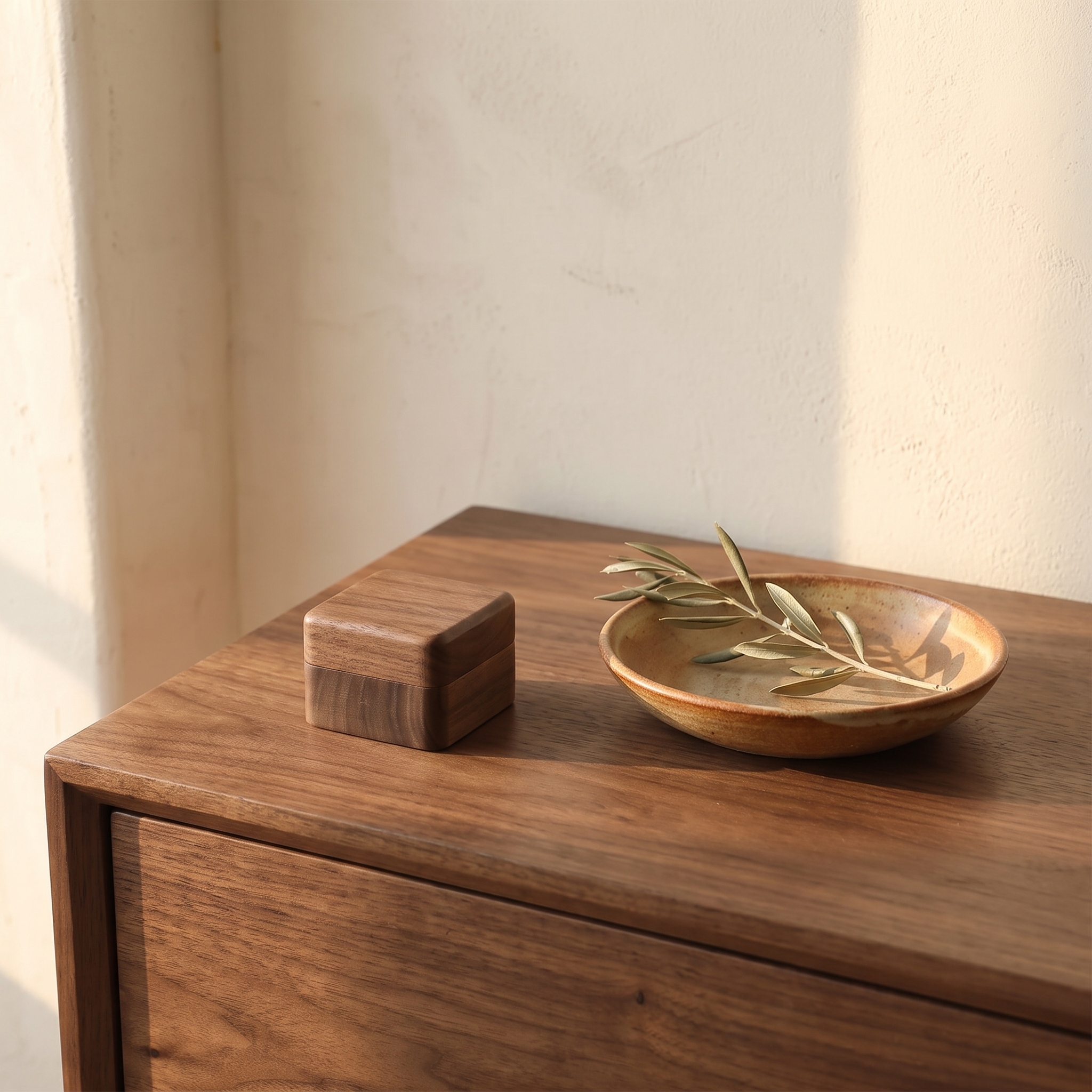 Wood Ring Box closed on a walnut dresser beside a ceramic dish and an olive branch
