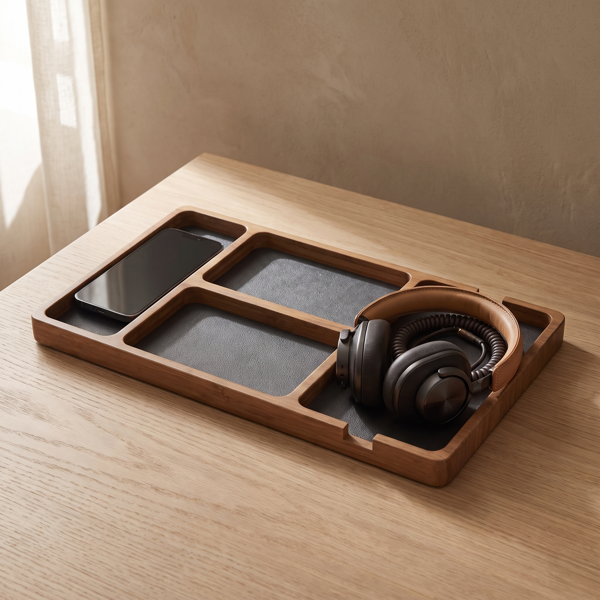 Sectioned Wood Desk Tray on a white oak desk with a phone and headphones tucked into its compartments
