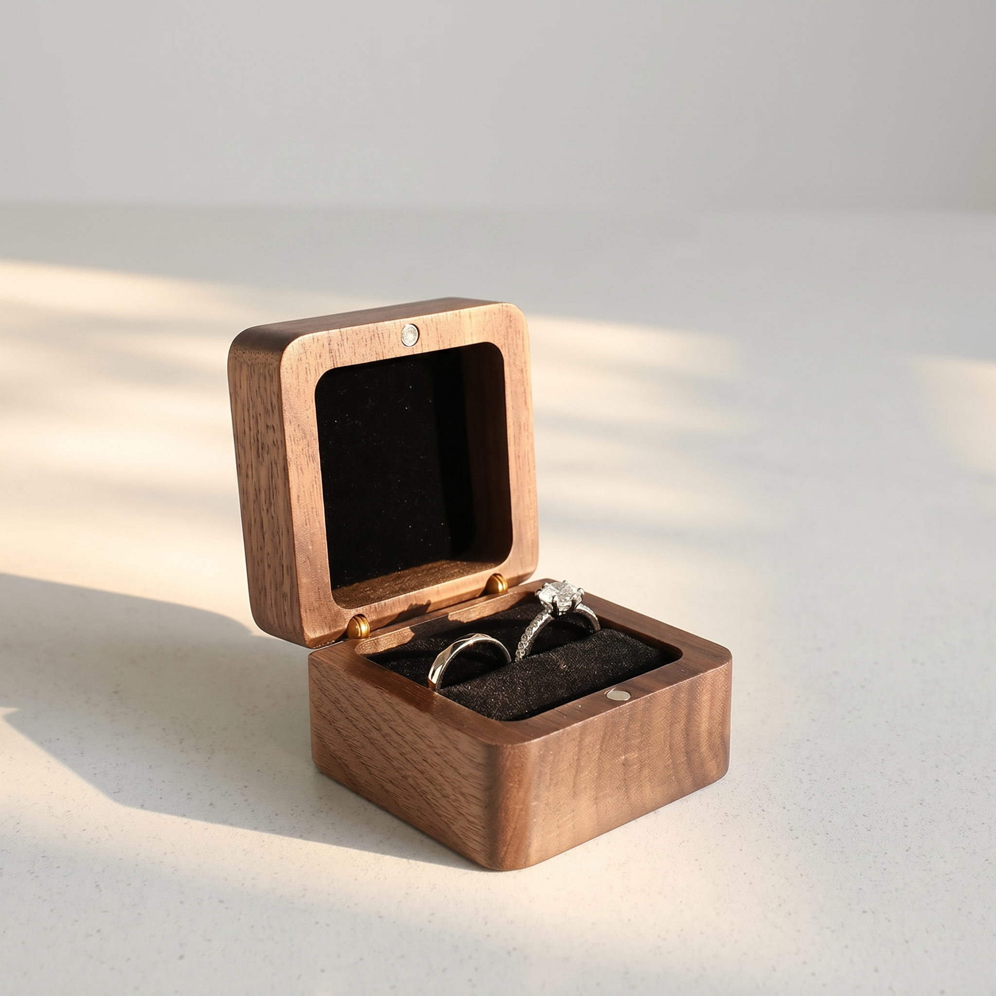 Wood Ring Box, Black Interior, open on its hinge showing the velvet-lined interior with a ring
