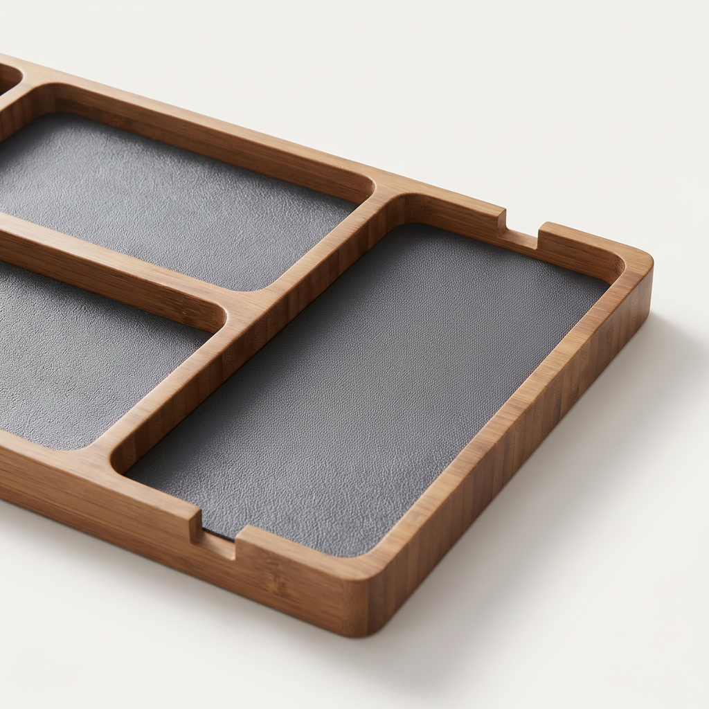 Close-up of the Sectioned Wood Desk Tray showing the sectioned compartments and a USB charging port