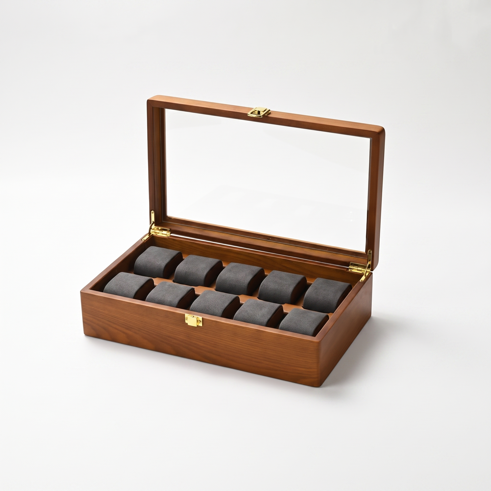 Multi-Grid Wood Watch Box, 10-slot buckle lock — studio hero