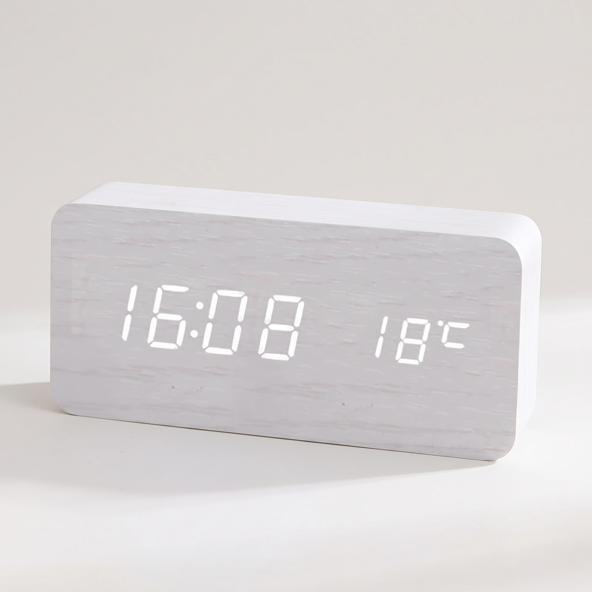 Wood-Grain Digital Alarm Clock, white — studio hero