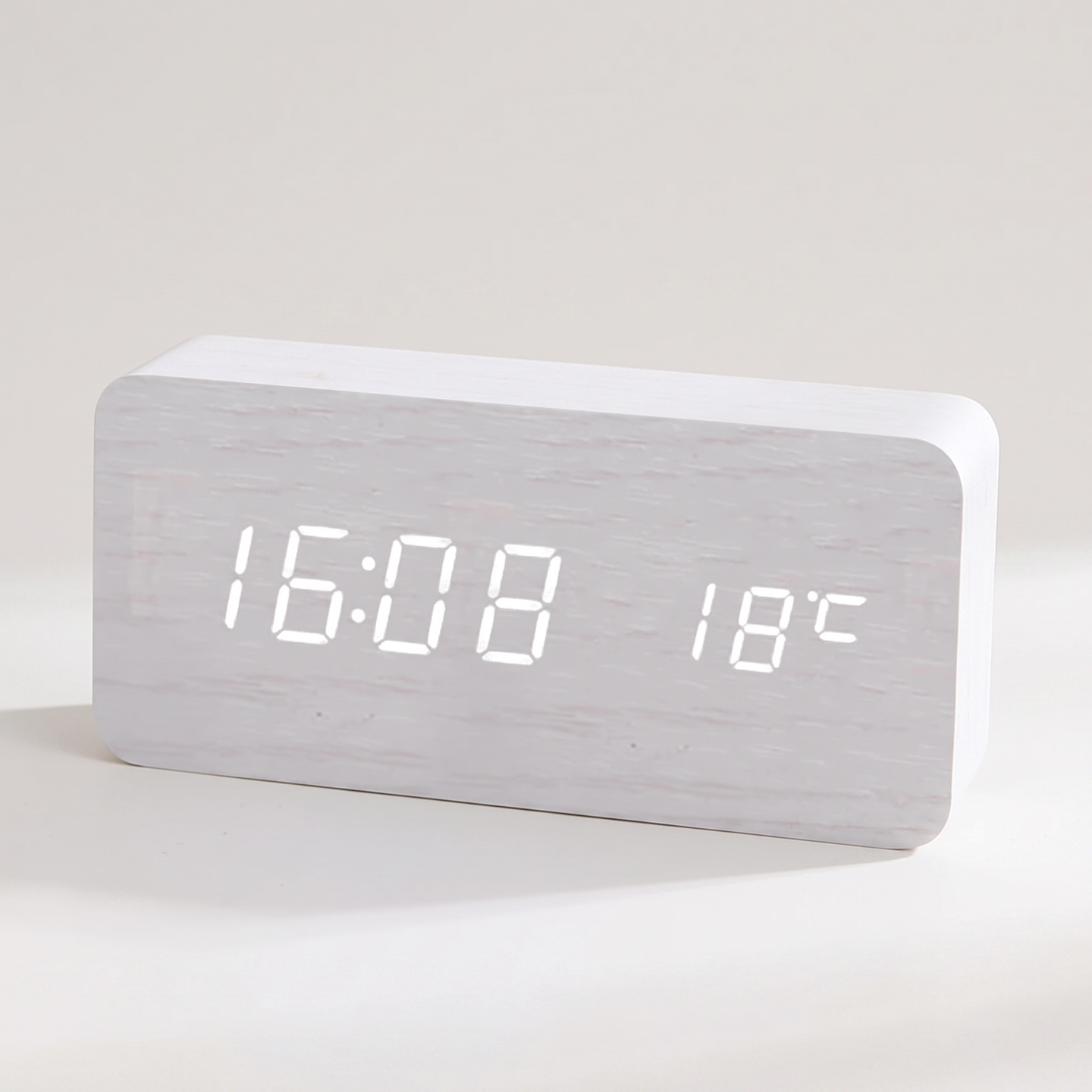 Wood-Grain Digital Alarm Clock, white — studio hero