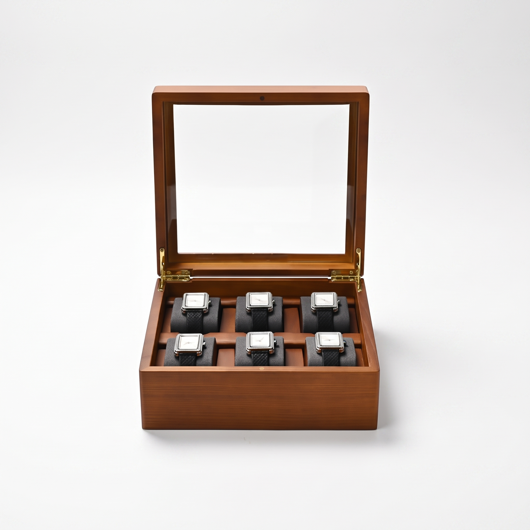 Multi-Grid Wood Watch Box, 6-slot magnetic lock — studio hero
