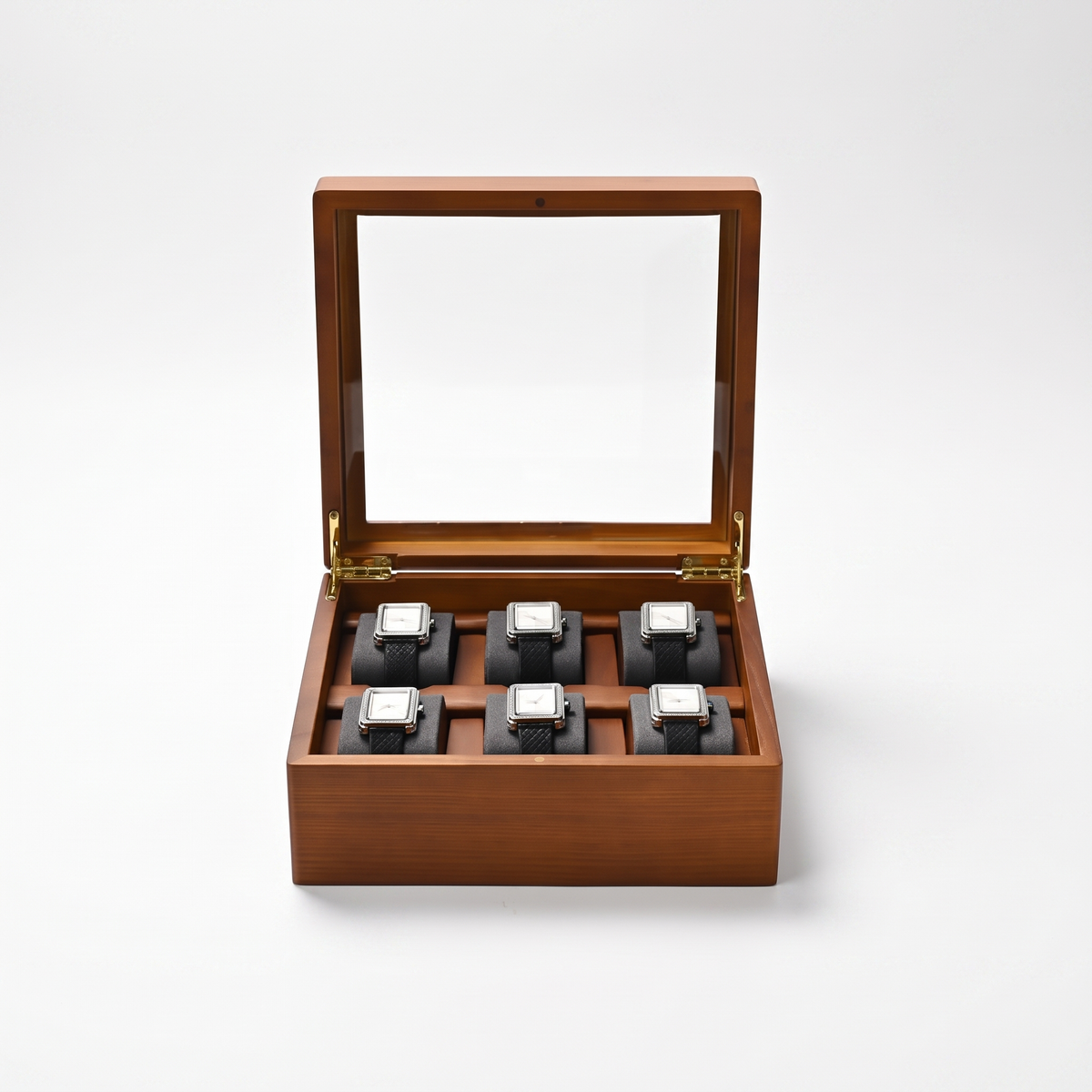 Multi-Grid Wood Watch Box, 6-slot magnetic lock — studio hero