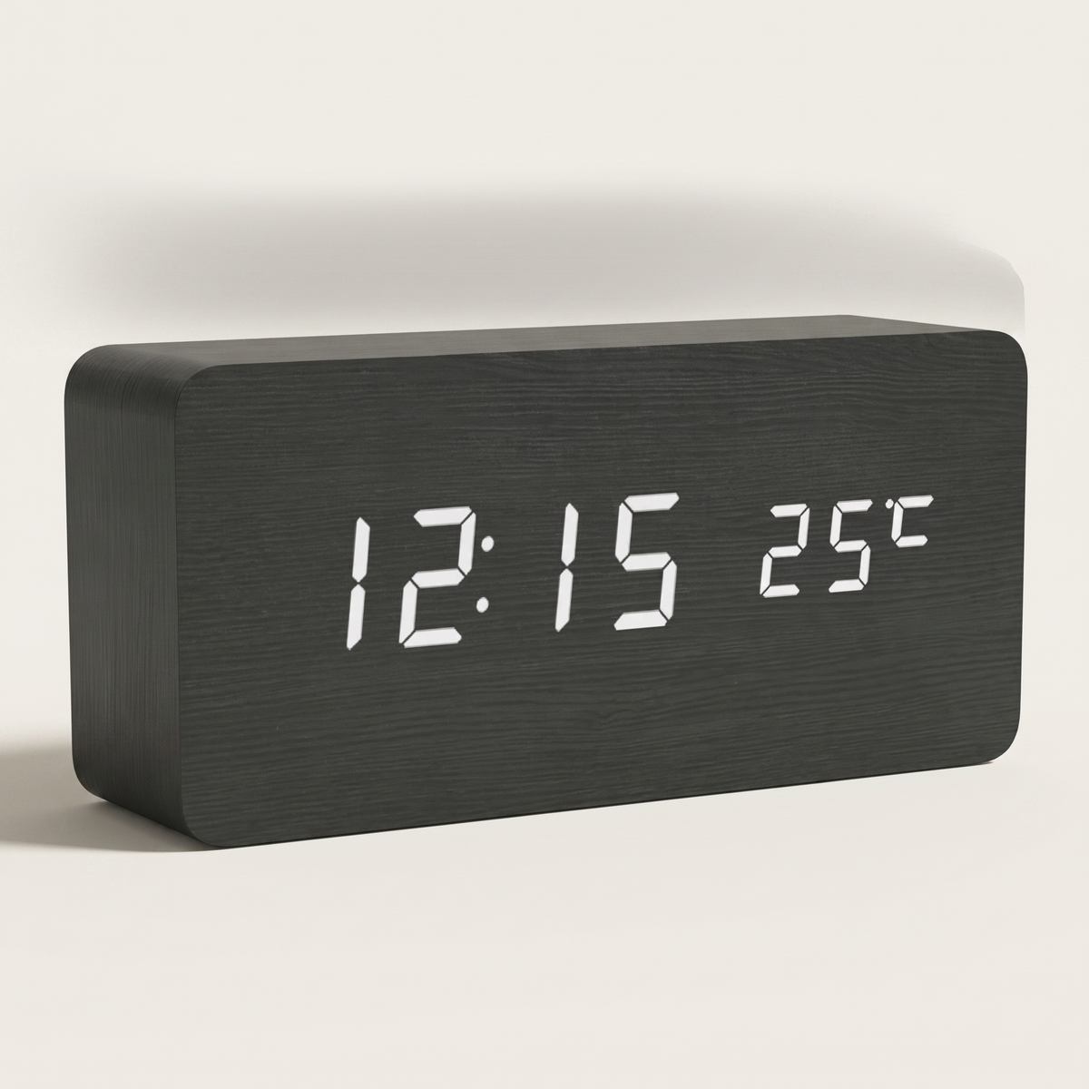 Wood-Grain Digital Alarm Clock, black — studio hero